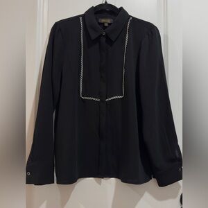 Classy Black Button-Down w Lace Embellishment & Jeweled Buttons